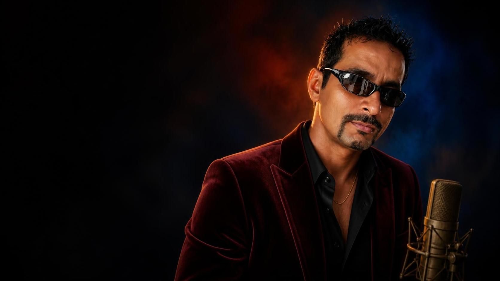 Imran Behleem in a burgundy velvet jacket and dark glasses beside a studio microphone
