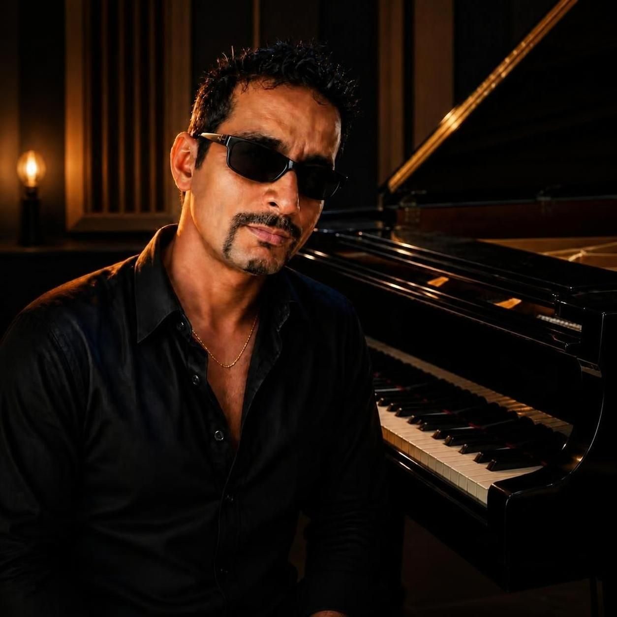 Imran Behleem seated beside a grand piano