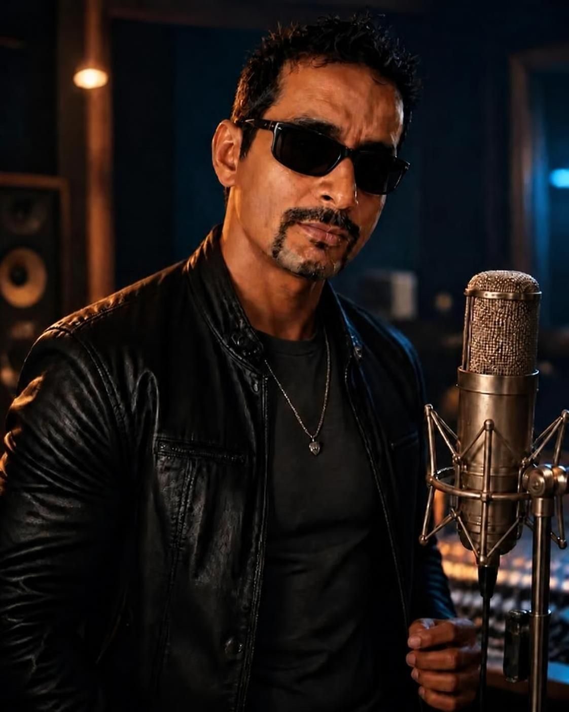 Imran Behleem in a leather jacket at a studio microphone