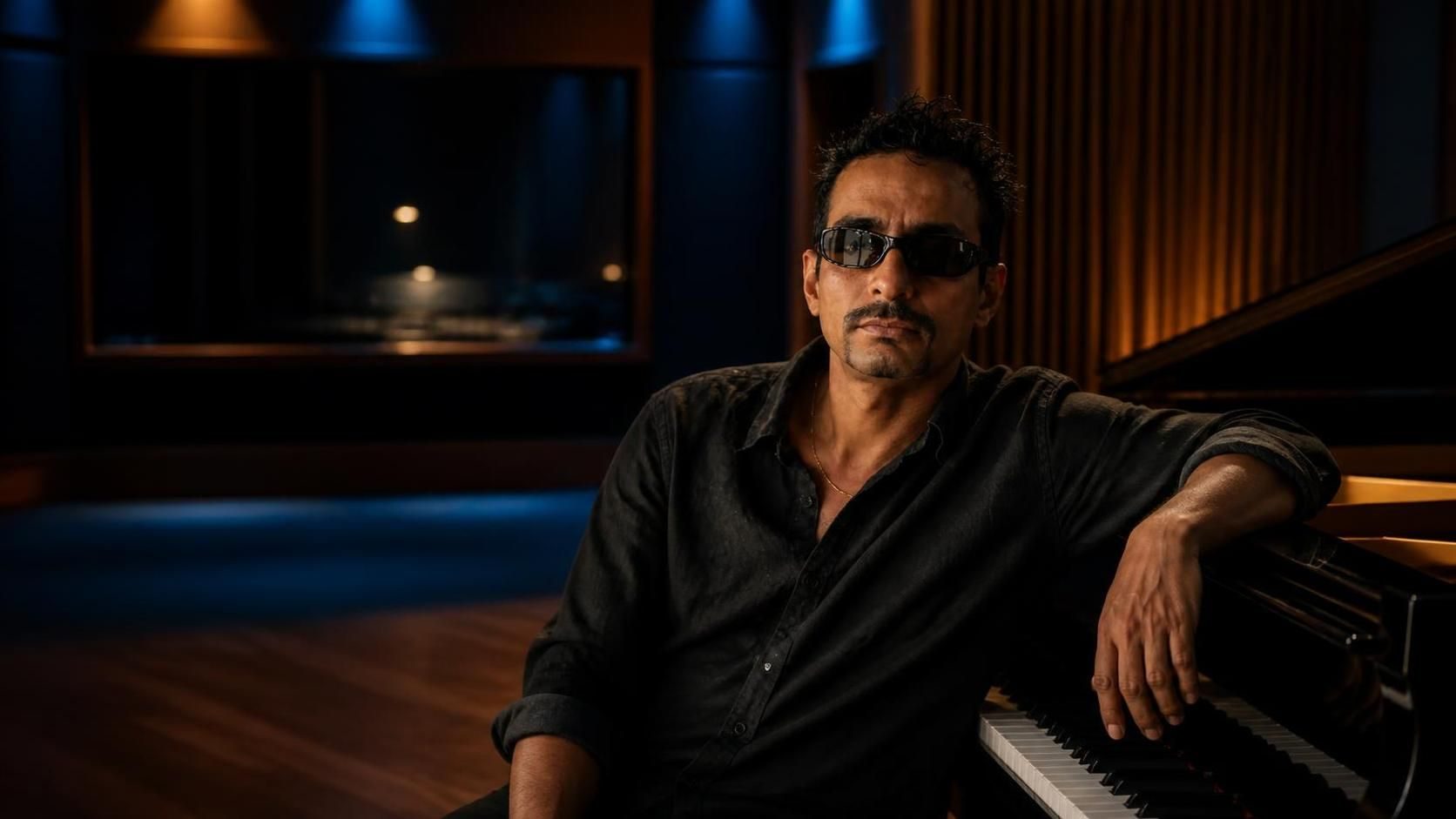 Imran Behleem leaning on a piano in a studio